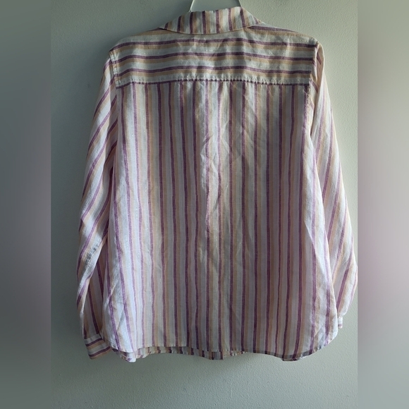 Chico's Cream/Purple Stripped Linen "No-Iron" Button Up Blouse sz 2 or Large - Picture 5 of 6